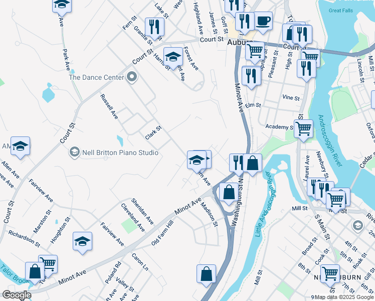 map of restaurants, bars, coffee shops, grocery stores, and more near 97 Western Avenue in Auburn