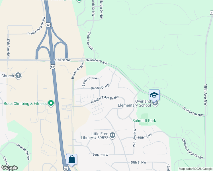 map of restaurants, bars, coffee shops, grocery stores, and more near 2724 Bandel Drive Northwest in Rochester