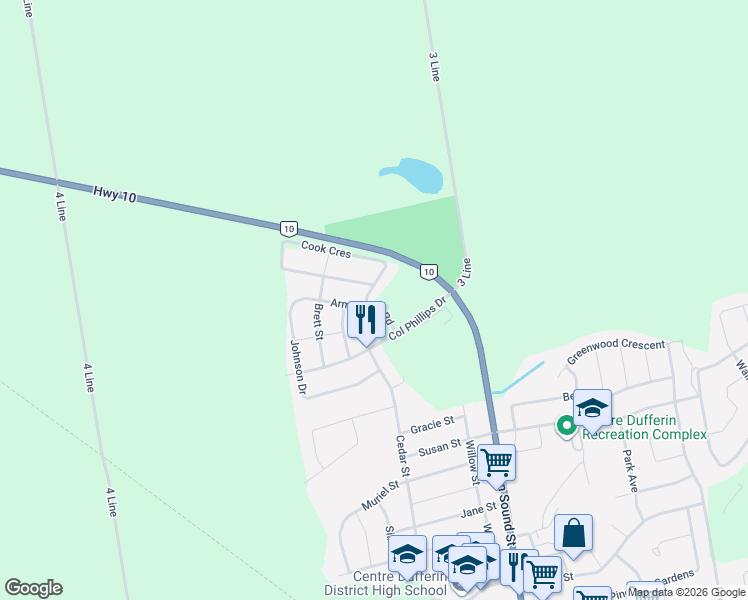 map of restaurants, bars, coffee shops, grocery stores, and more near 704 Cook Crescent in Shelburne