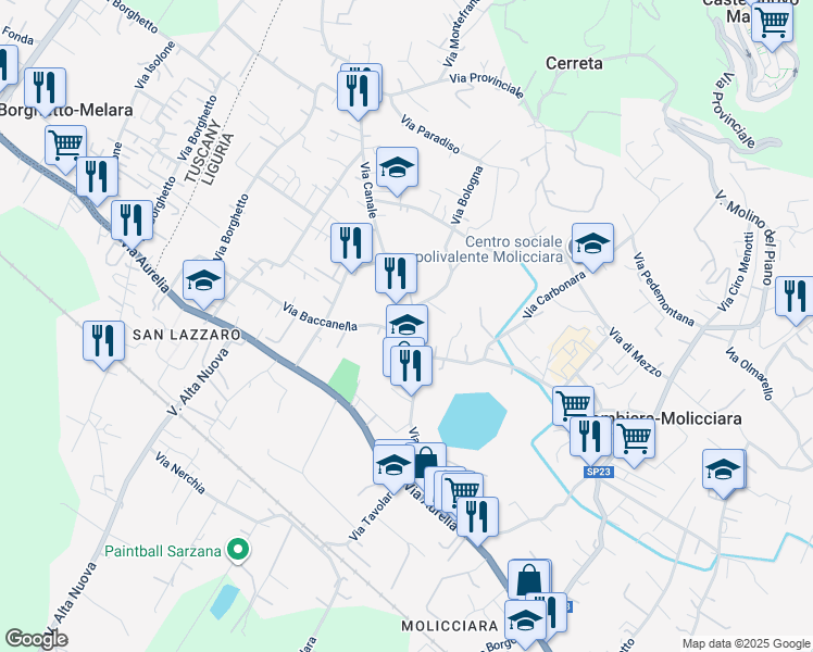 map of restaurants, bars, coffee shops, grocery stores, and more near 118 Via Canale in Colombiera-Molicciara