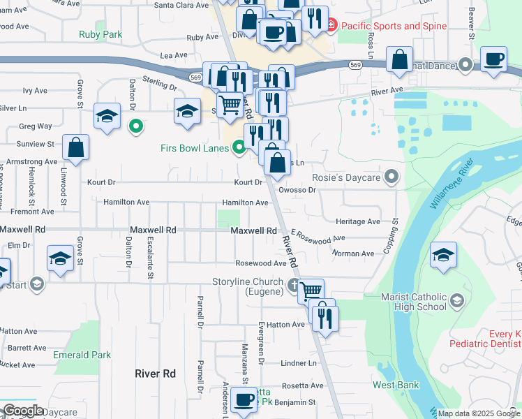 map of restaurants, bars, coffee shops, grocery stores, and more near 1725 Evergreen Drive in Eugene