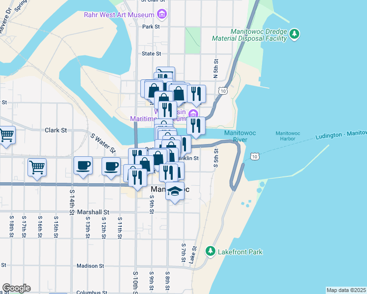 map of restaurants, bars, coffee shops, grocery stores, and more near Quay Street in Manitowoc