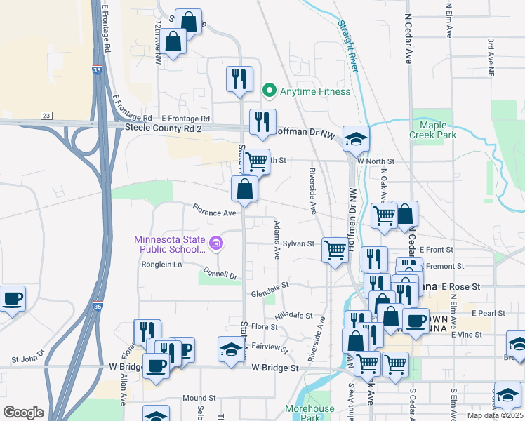 map of restaurants, bars, coffee shops, grocery stores, and more near 592 Adams Avenue in Owatonna