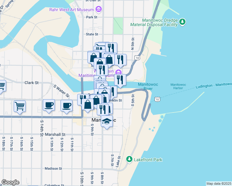 map of restaurants, bars, coffee shops, grocery stores, and more near Quay Street in Manitowoc