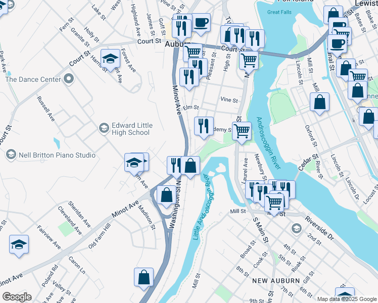 map of restaurants, bars, coffee shops, grocery stores, and more near 204 Minot Avenue in Auburn