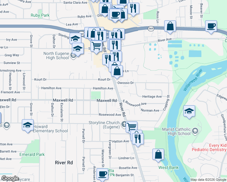 map of restaurants, bars, coffee shops, grocery stores, and more near 1708 River Road in Eugene