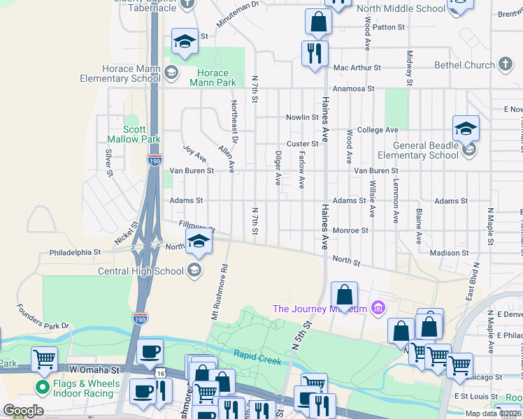 map of restaurants, bars, coffee shops, grocery stores, and more near 726 North 7th Street in Rapid City