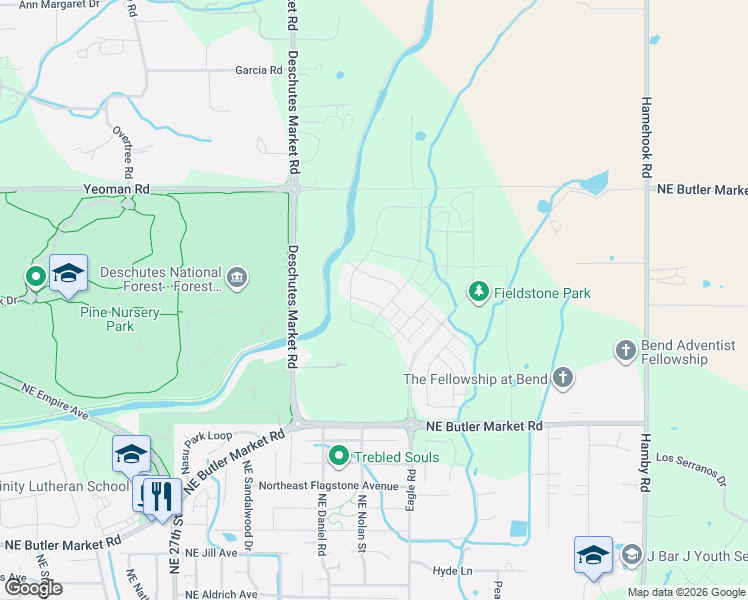 map of restaurants, bars, coffee shops, grocery stores, and more near 63109 Cole Road in Bend