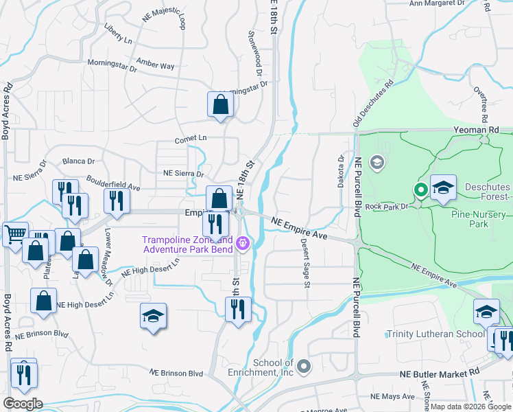 map of restaurants, bars, coffee shops, grocery stores, and more near 63115 Brookstone Lane in Bend