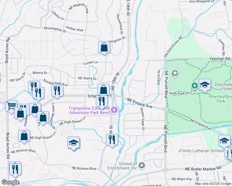 map of restaurants, bars, coffee shops, grocery stores, and more near 63103 Watercress Way in Bend