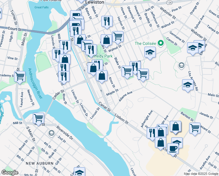 map of restaurants, bars, coffee shops, grocery stores, and more near 50 Maple Street in Lewiston