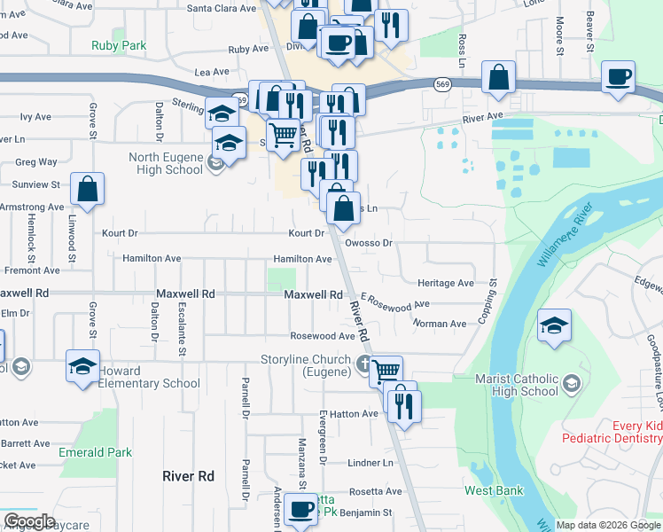 map of restaurants, bars, coffee shops, grocery stores, and more near 1708 River Road in Eugene