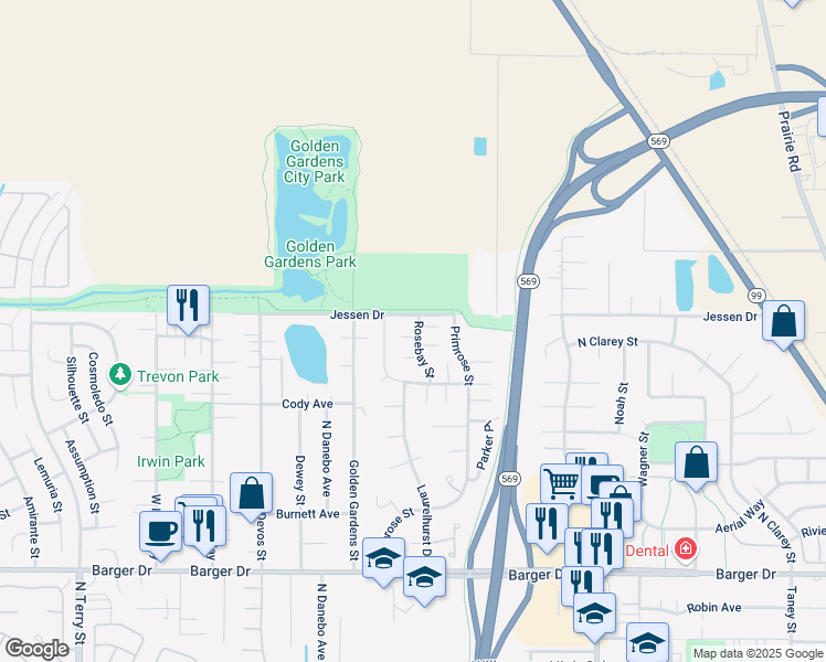 map of restaurants, bars, coffee shops, grocery stores, and more near 2548 Rosebay Street in Eugene