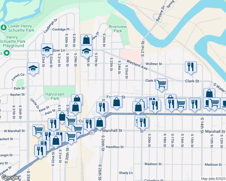 map of restaurants, bars, coffee shops, grocery stores, and more near 829 South 25th Street in Manitowoc