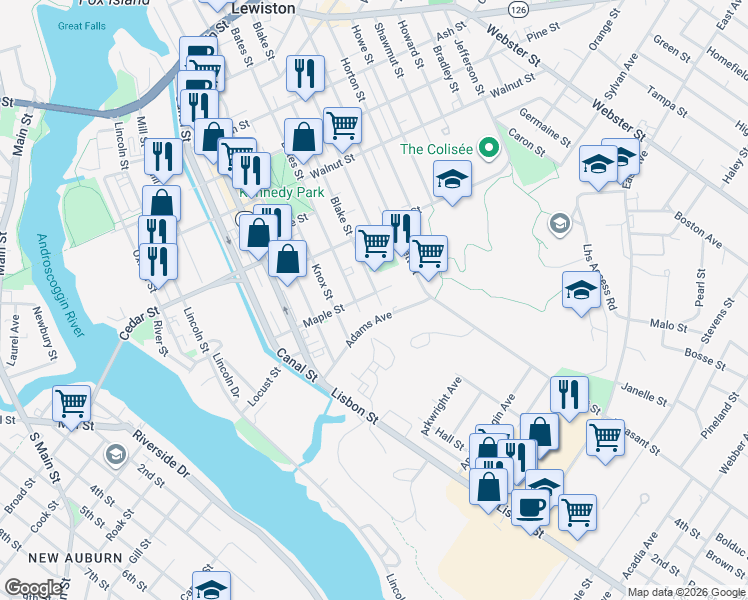 map of restaurants, bars, coffee shops, grocery stores, and more near 336 Bates Street in Lewiston