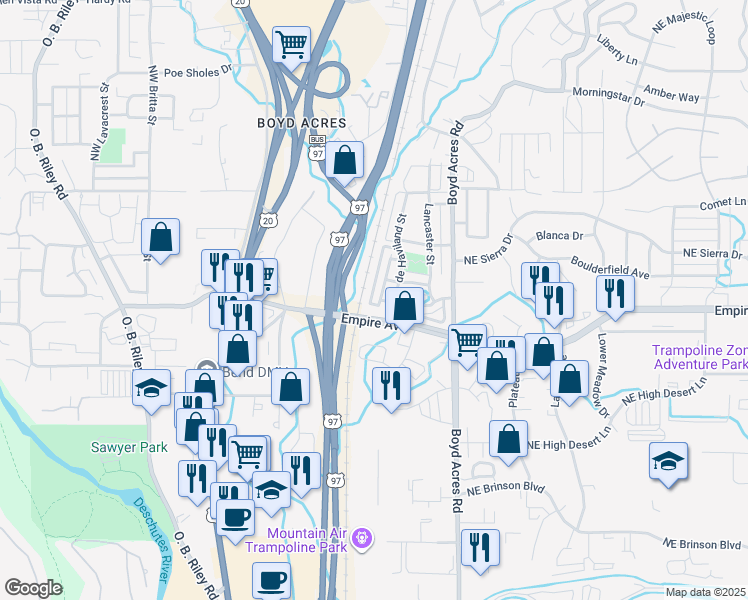 map of restaurants, bars, coffee shops, grocery stores, and more near 20500 Empire Avenue in Bend