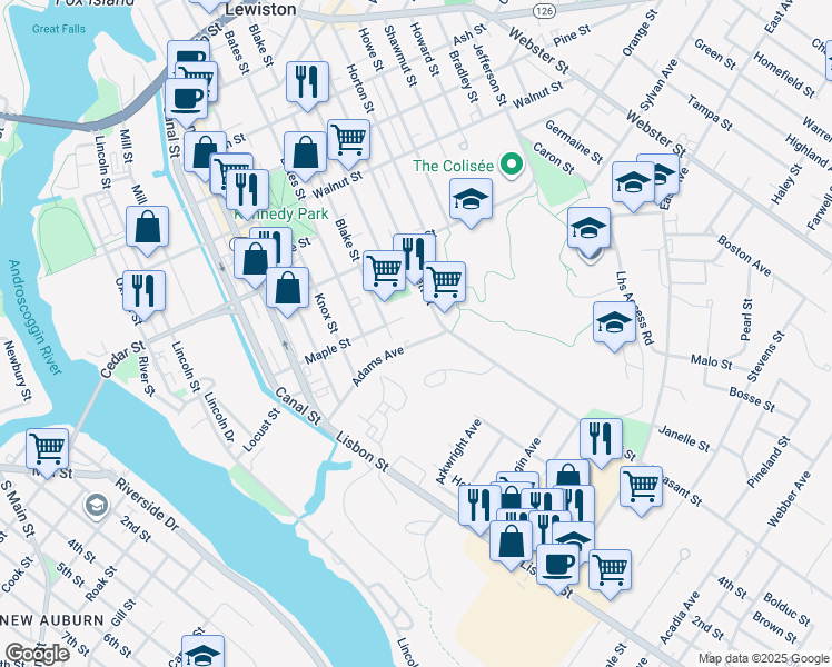 map of restaurants, bars, coffee shops, grocery stores, and more near 80 Adams Avenue in Lewiston