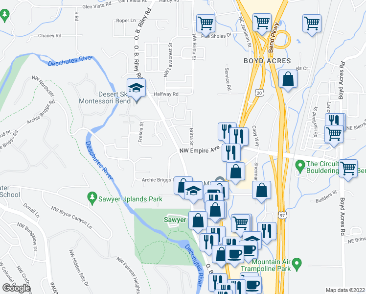 map of restaurants, bars, coffee shops, grocery stores, and more near 20291 Schaeffer Drive in Bend