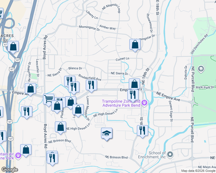 map of restaurants, bars, coffee shops, grocery stores, and more near 20740 Empire Avenue in Bend