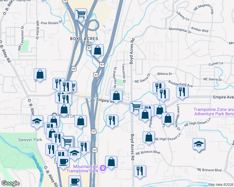 map of restaurants, bars, coffee shops, grocery stores, and more near 20532 Gloucester Lane in Bend