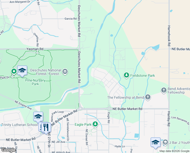 map of restaurants, bars, coffee shops, grocery stores, and more near 63109 Cole Road in Bend
