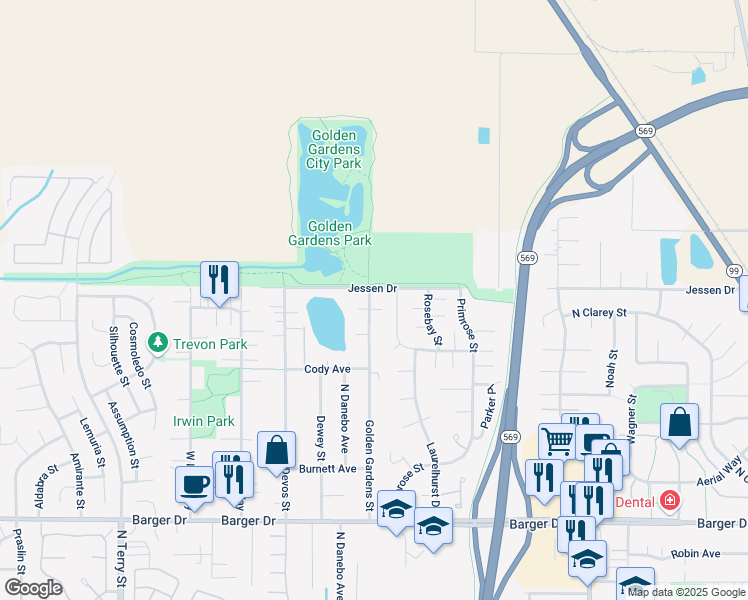 map of restaurants, bars, coffee shops, grocery stores, and more near 2287 Golden Gardens Street in Eugene