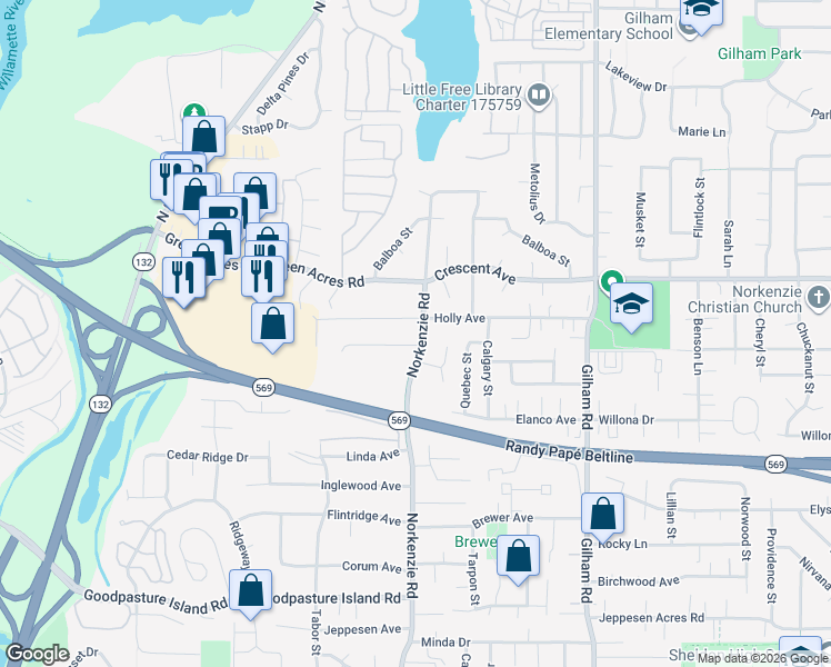 map of restaurants, bars, coffee shops, grocery stores, and more near 1580 Acacia Avenue in Eugene
