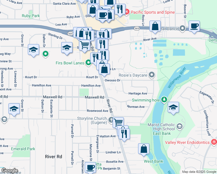 map of restaurants, bars, coffee shops, grocery stores, and more near 1709 River Road in Eugene