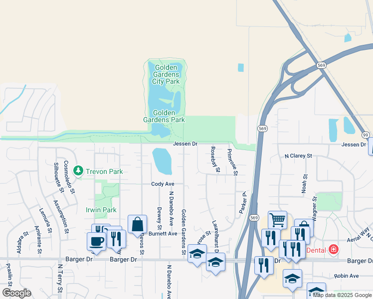 map of restaurants, bars, coffee shops, grocery stores, and more near 2287 Golden Gardens Street in Eugene