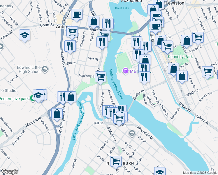 map of restaurants, bars, coffee shops, grocery stores, and more near 42 Newbury Street in Auburn