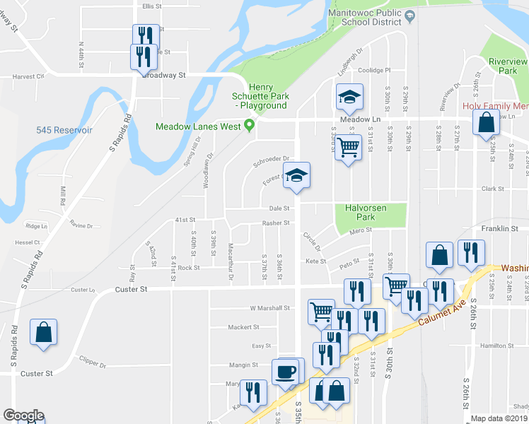 map of restaurants, bars, coffee shops, grocery stores, and more near 3616 Rasher Street in Manitowoc