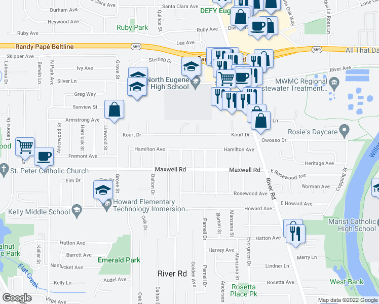 map of restaurants, bars, coffee shops, grocery stores, and more near 1770 Ridgefield Street in Eugene