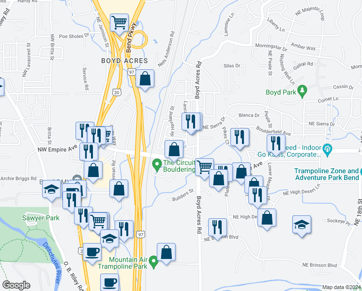 map of restaurants, bars, coffee shops, grocery stores, and more near 20548 Gloucester Lane in Bend