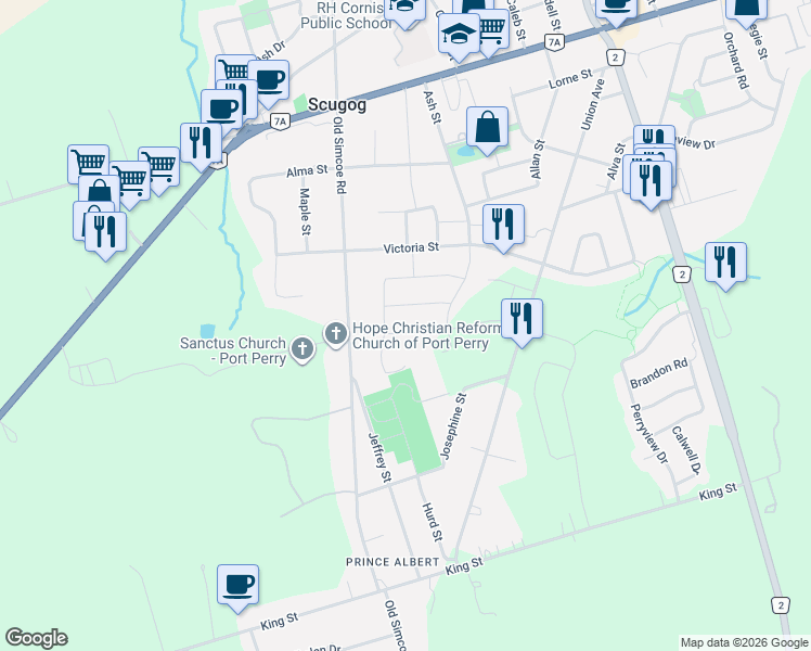 map of restaurants, bars, coffee shops, grocery stores, and more near 89 Forestlane Way in Port Perry