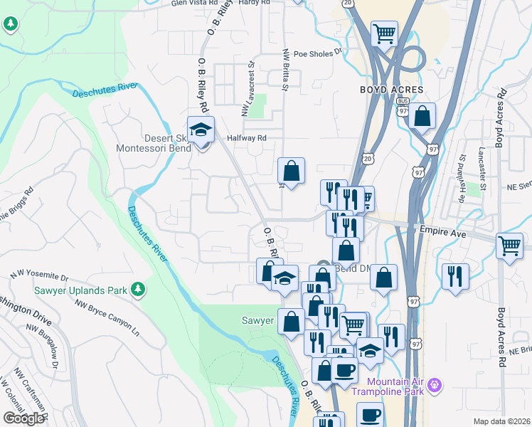 map of restaurants, bars, coffee shops, grocery stores, and more near 20291 Schaeffer Drive in Bend
