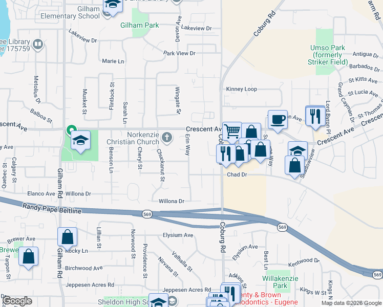 map of restaurants, bars, coffee shops, grocery stores, and more near 2611 Erin Way in Eugene