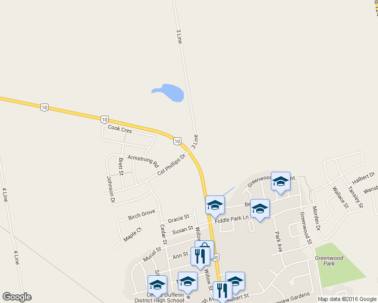 map of restaurants, bars, coffee shops, grocery stores, and more near 156097 Ontario 10 in Shelburne