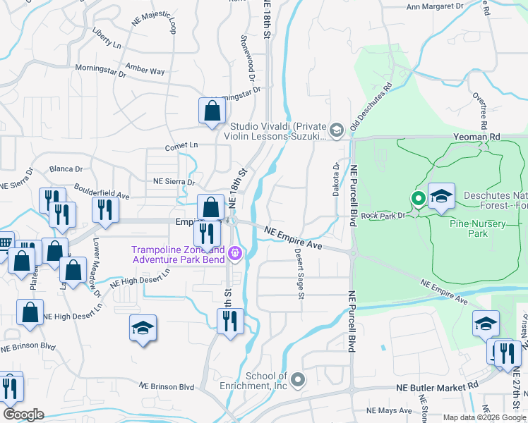 map of restaurants, bars, coffee shops, grocery stores, and more near 63127 Brookstone Lane in Bend