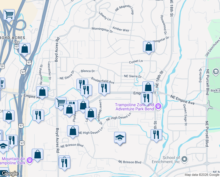 map of restaurants, bars, coffee shops, grocery stores, and more near 20720 Empire Avenue in Bend