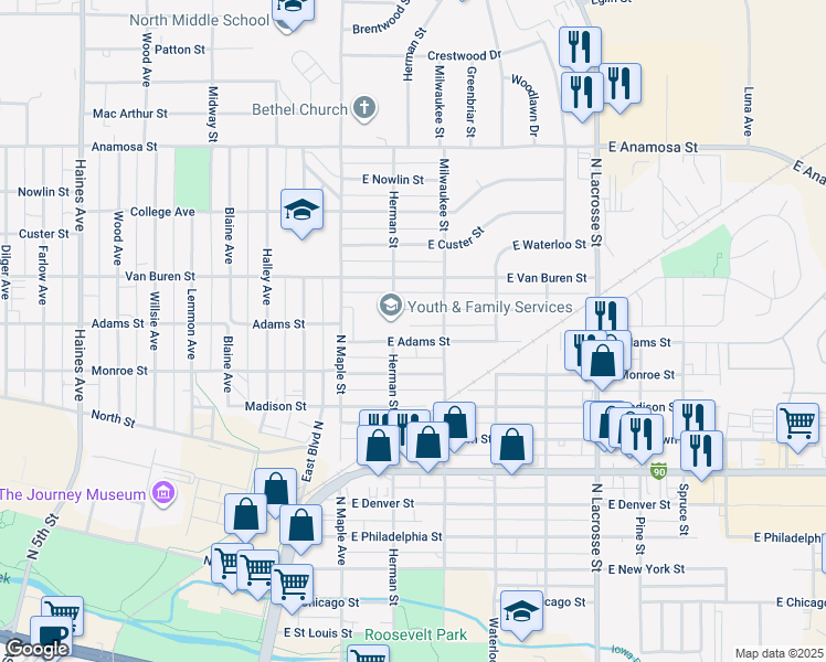map of restaurants, bars, coffee shops, grocery stores, and more near 207 East Adams Street in Rapid City