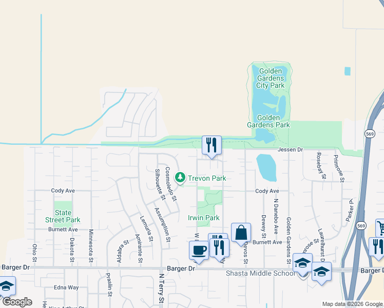 map of restaurants, bars, coffee shops, grocery stores, and more near 2474 West Irwin Way in Eugene
