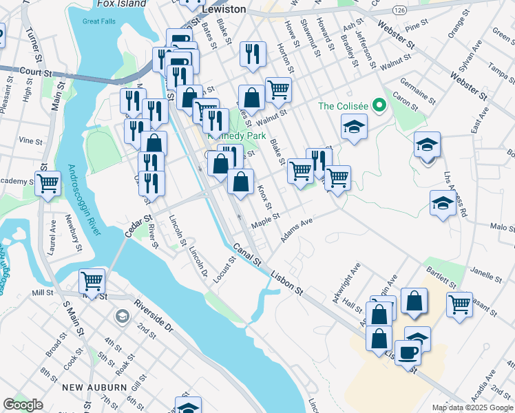map of restaurants, bars, coffee shops, grocery stores, and more near 50 Maple Street in Lewiston