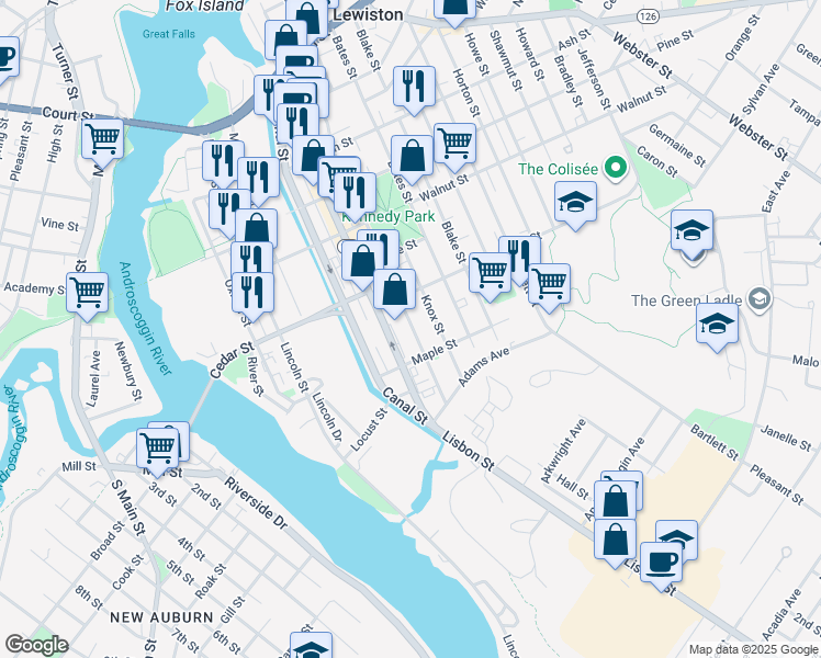 map of restaurants, bars, coffee shops, grocery stores, and more near 434 Lisbon Street in Lewiston