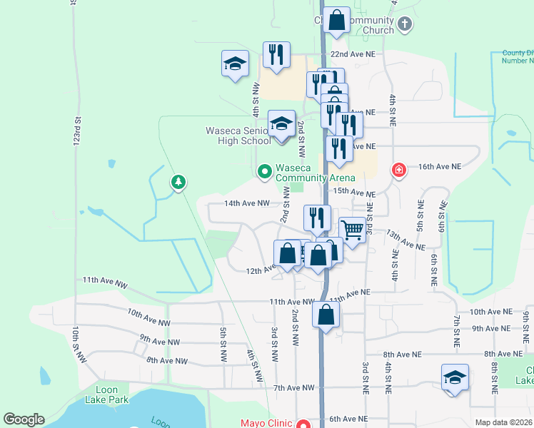 map of restaurants, bars, coffee shops, grocery stores, and more near 201 13th Avenue Northwest in Waseca