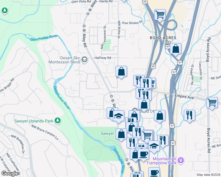 map of restaurants, bars, coffee shops, grocery stores, and more near 20291 Schaeffer Drive in Bend