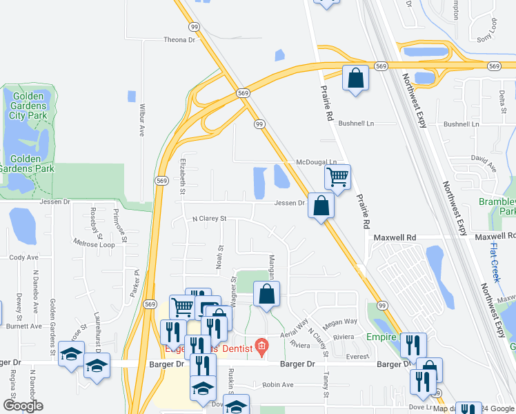 map of restaurants, bars, coffee shops, grocery stores, and more near 4040 Jessen Drive in Eugene