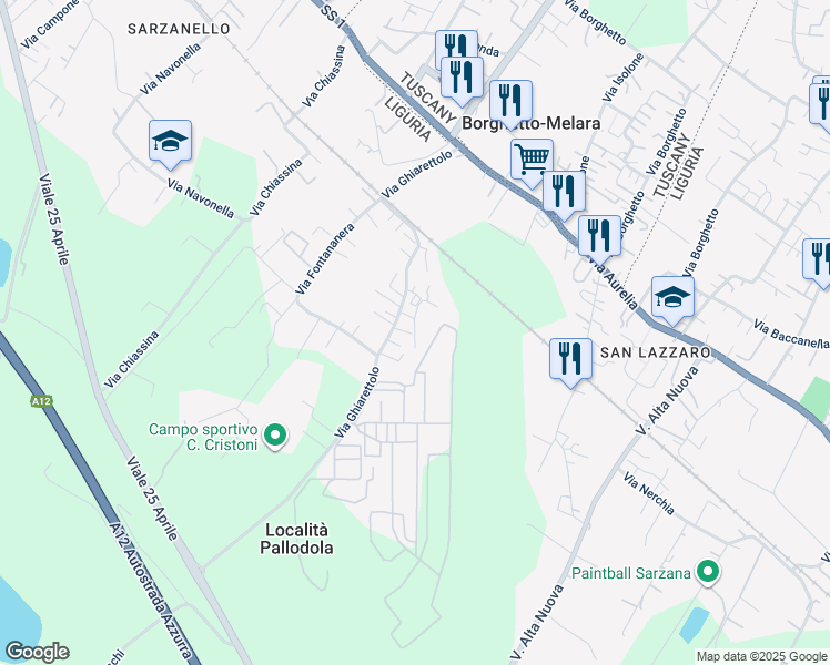map of restaurants, bars, coffee shops, grocery stores, and more near 89-g Via Ghiarettolo in Sarzana