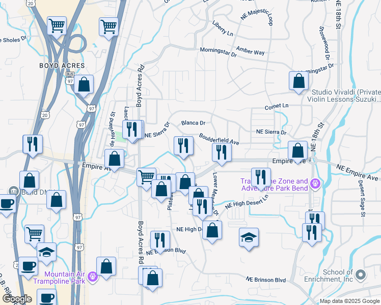 map of restaurants, bars, coffee shops, grocery stores, and more near 63094 Layton Avenue in Bend
