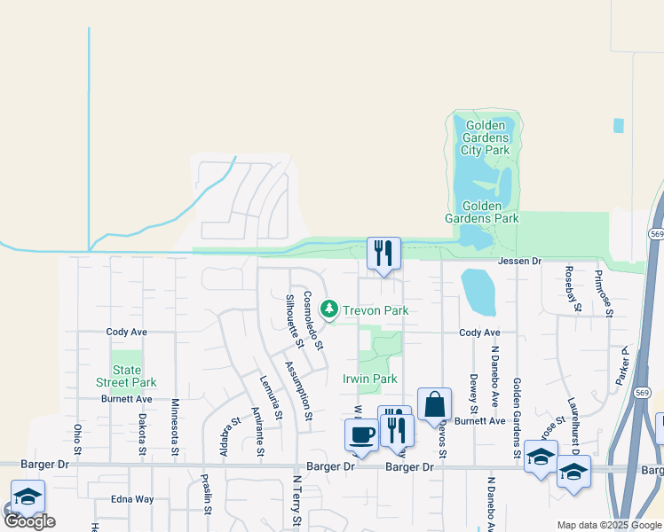 map of restaurants, bars, coffee shops, grocery stores, and more near 5157 Trevon Street in Eugene