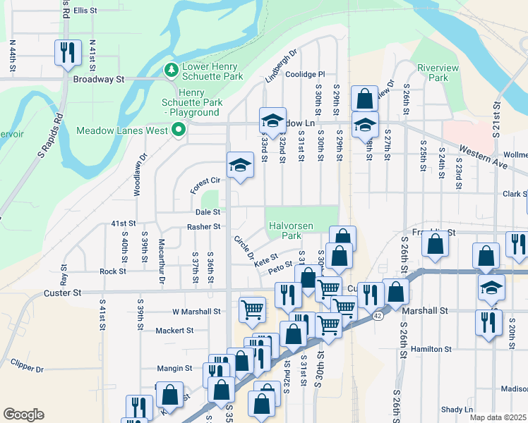 map of restaurants, bars, coffee shops, grocery stores, and more near 813 South 33rd Street in Manitowoc